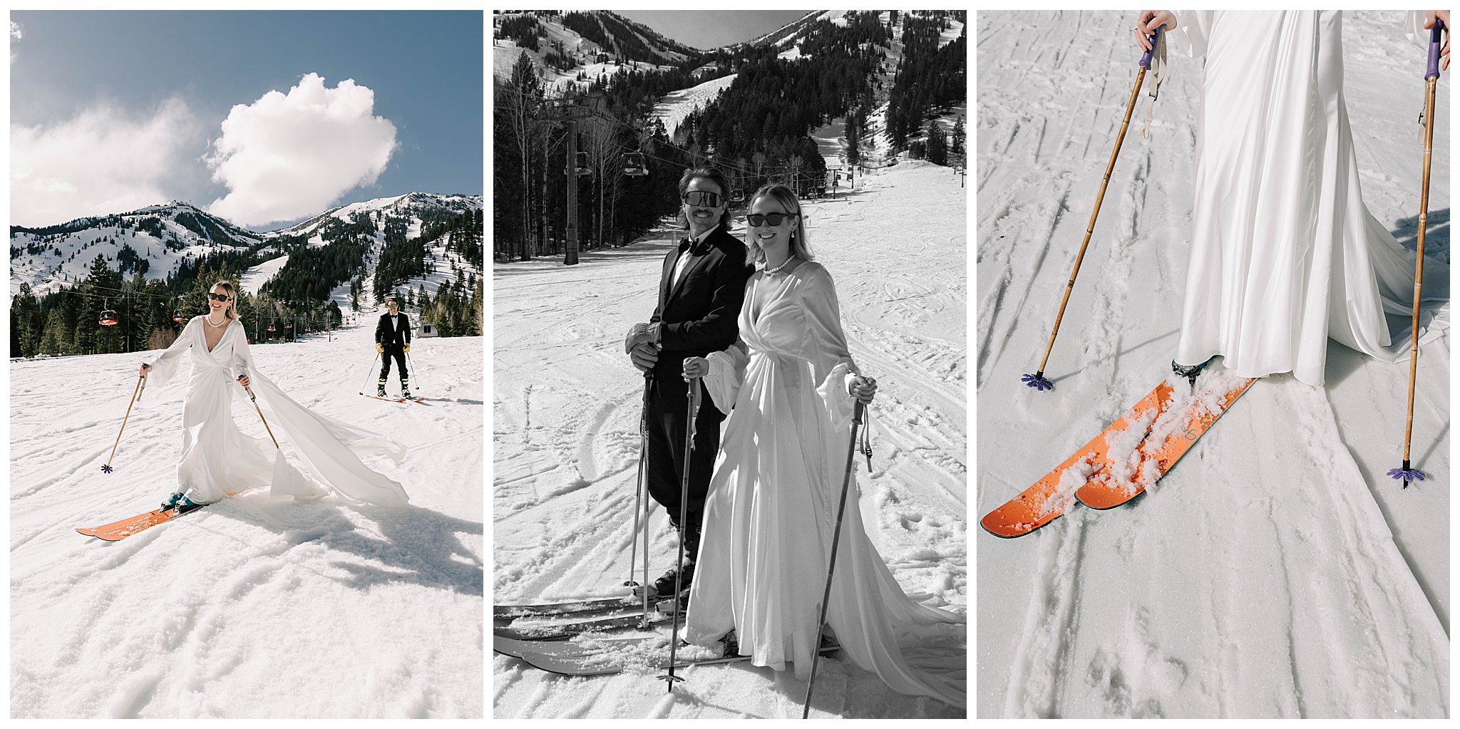 bride and groom skiing down the mountain after their jackson hole mountain resort wedding taken by local wedding photographer adrian wayment.