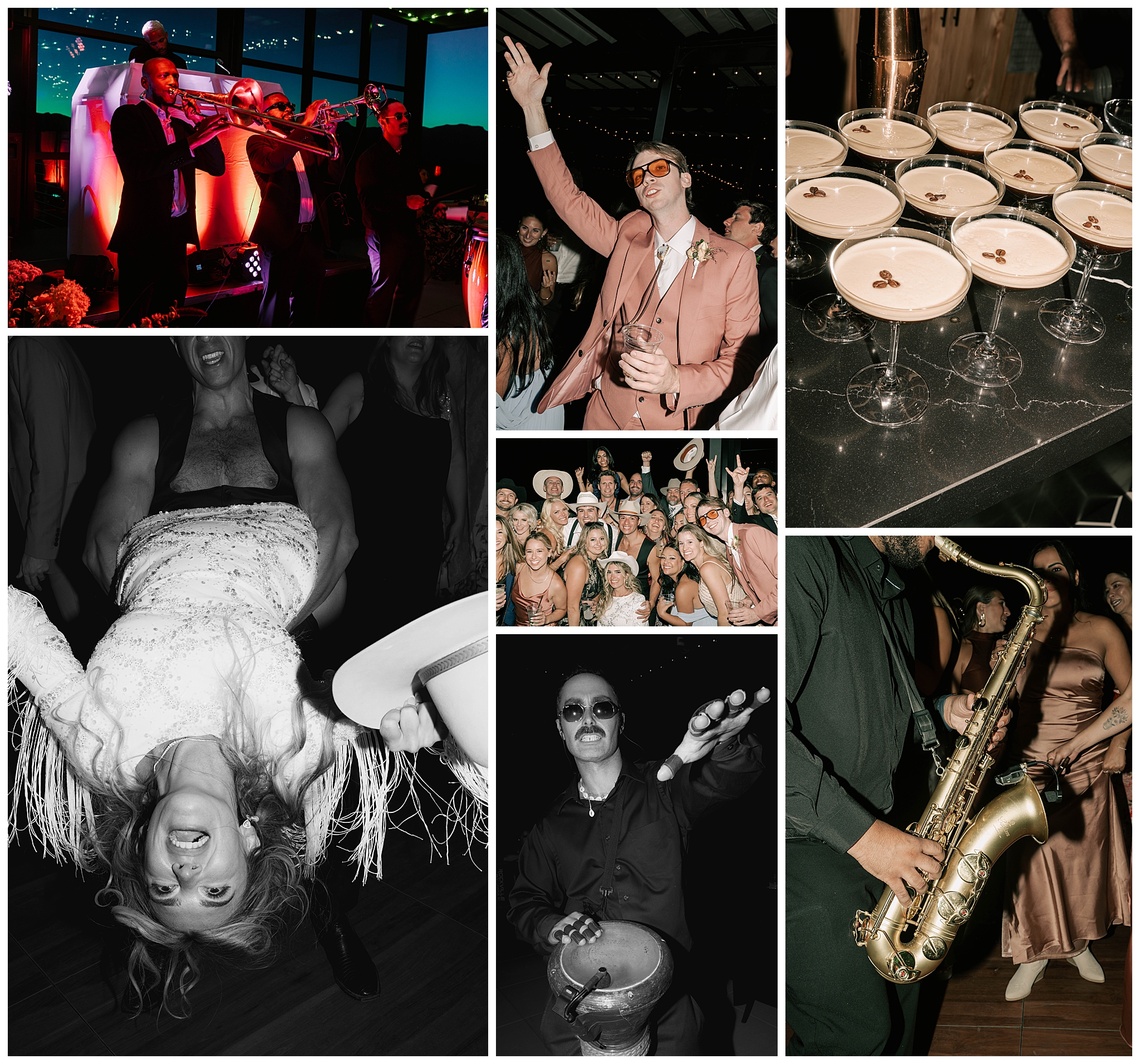 a dancing scene, including the bride and groom, a live band, espresso martinis and a group of guests at a jackson hole mountian resort wedding.