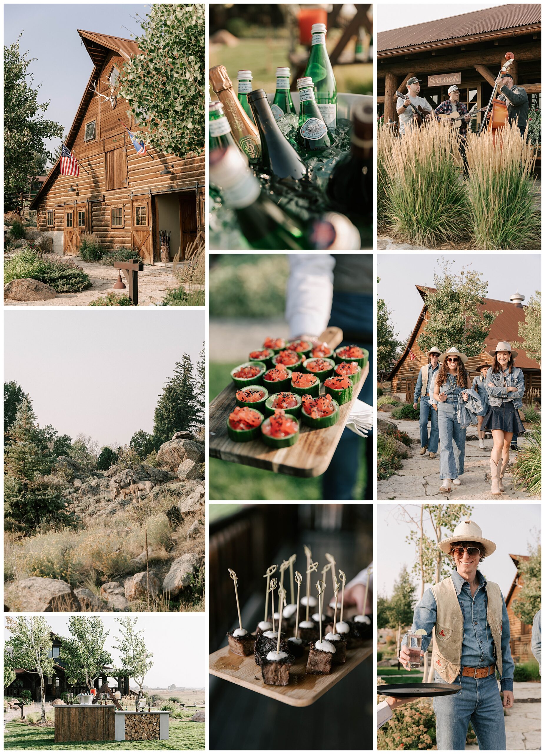 a collage of a brush creek ranch wedding weekend, including the welcome party where guests arrive in denim. taken by wyoming wedding photographer adrian wayment