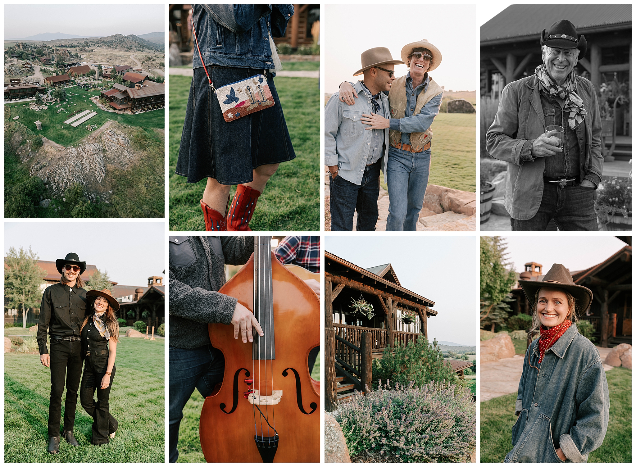 a collage of a brush creek ranch celebration, including a drone shot of the property, guests smiling with drinks, live music and a shot of the grounds.