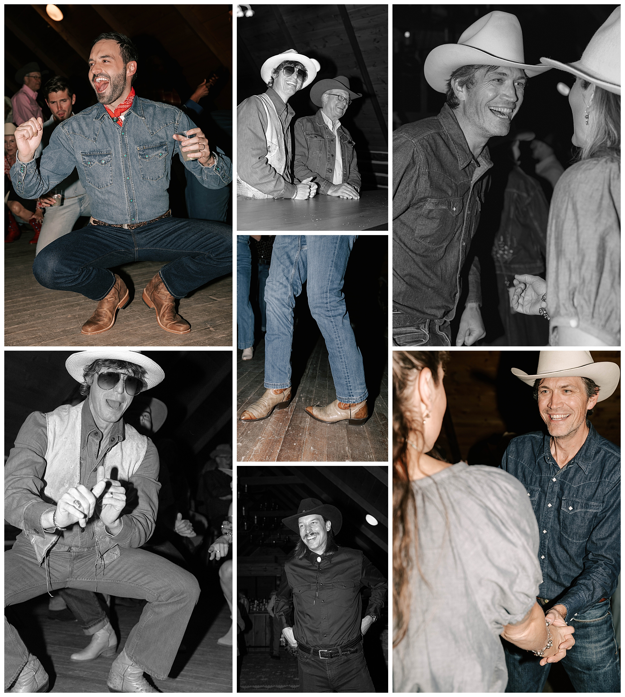 a collage of guests dancing at brush creek ranch taken by local wedding photographer adrian wayment.