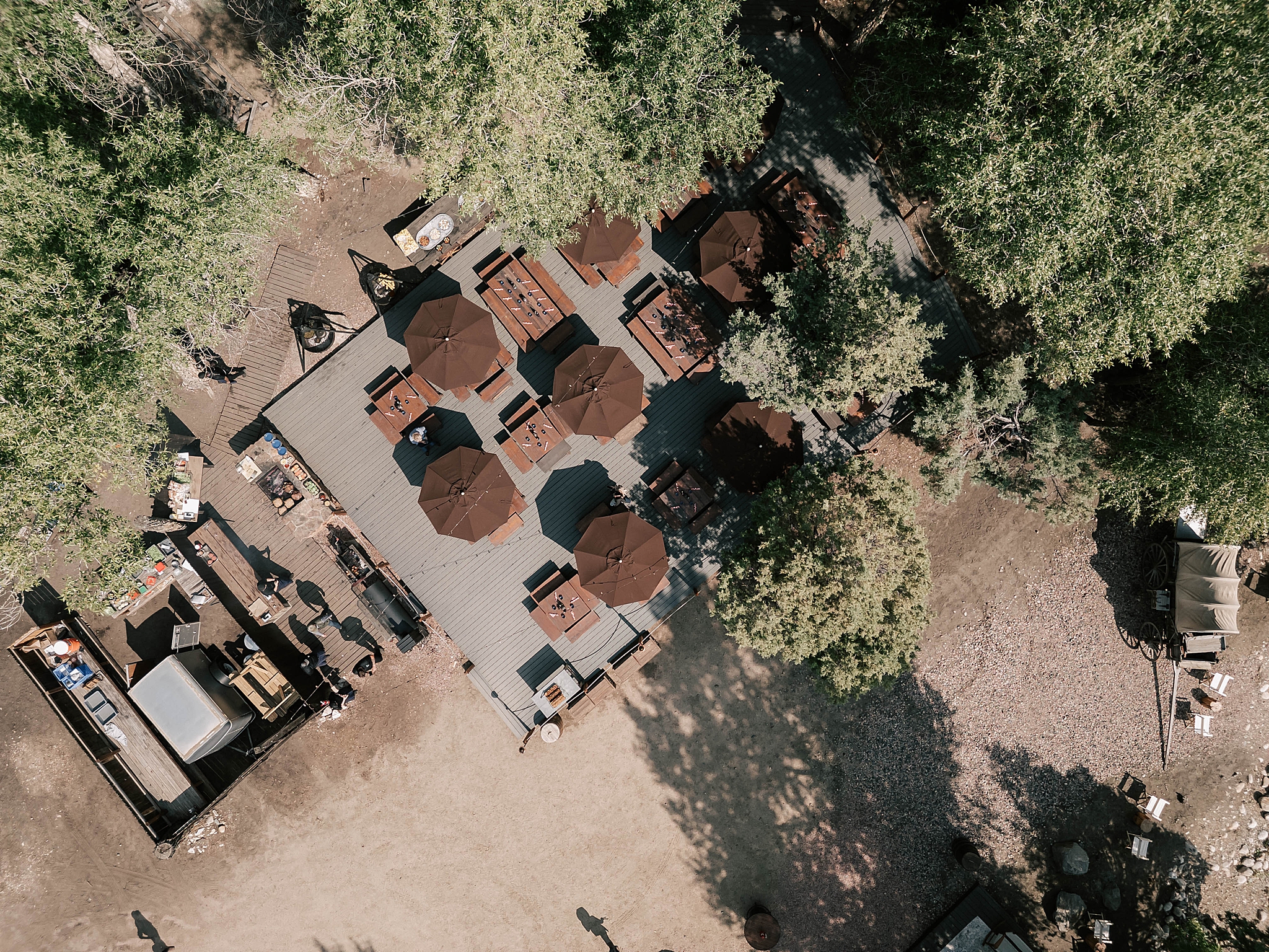 the picnic setup taken from a drone at brush creek ranch.
