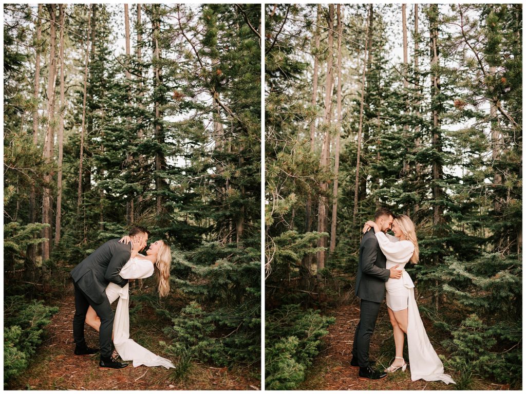bride and groom kissing in the pine trees after their wedding taken by adrian wayment photo