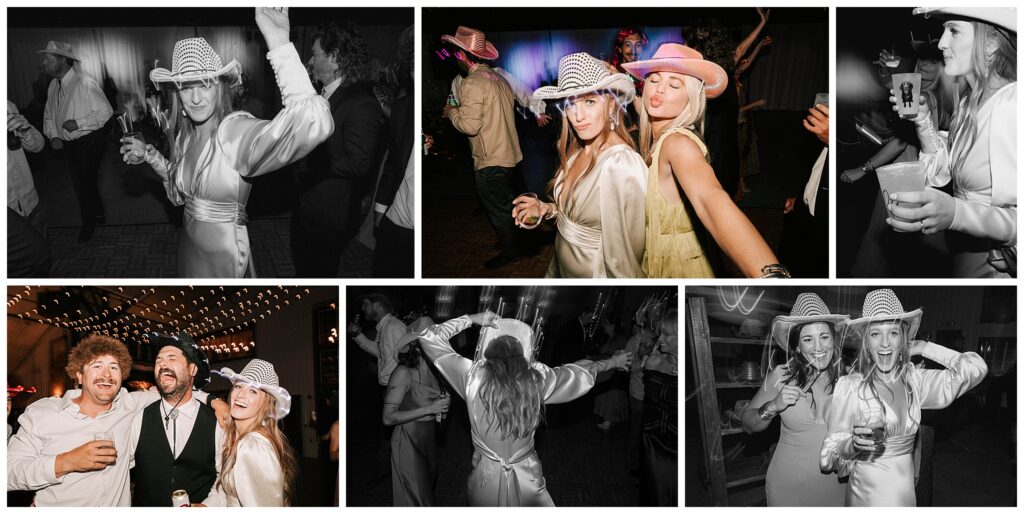 bride, groom and guests dancing the night away on their wedding night for their million dollar cowboy bar after party.