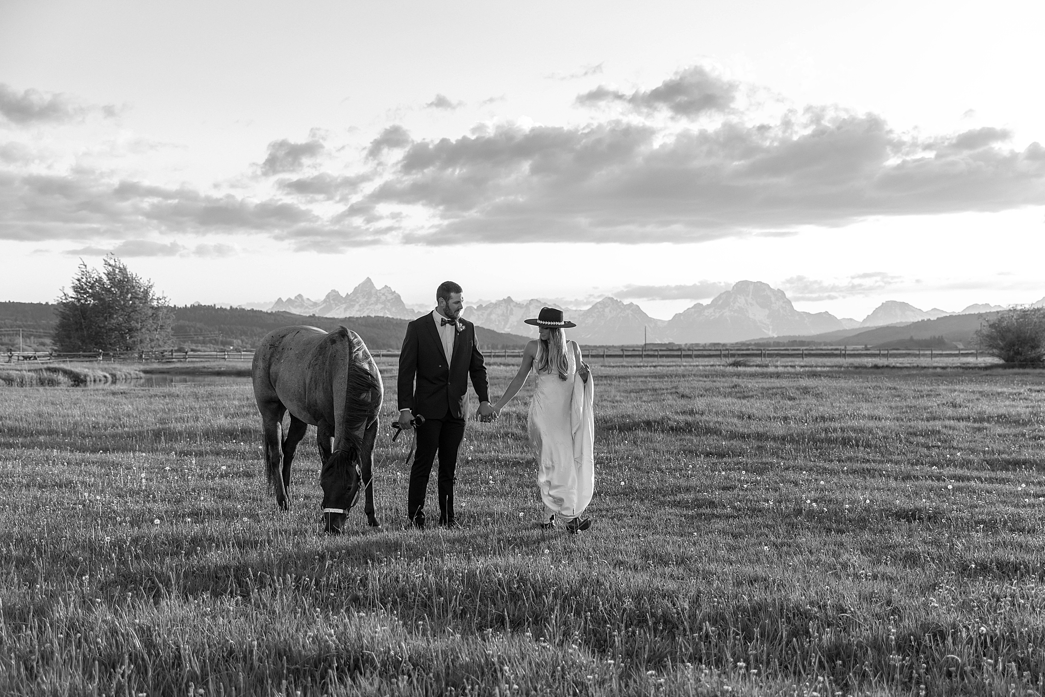bride and groom with a horse after their diamond cross ranch wedding taken by adrian wayment photo.