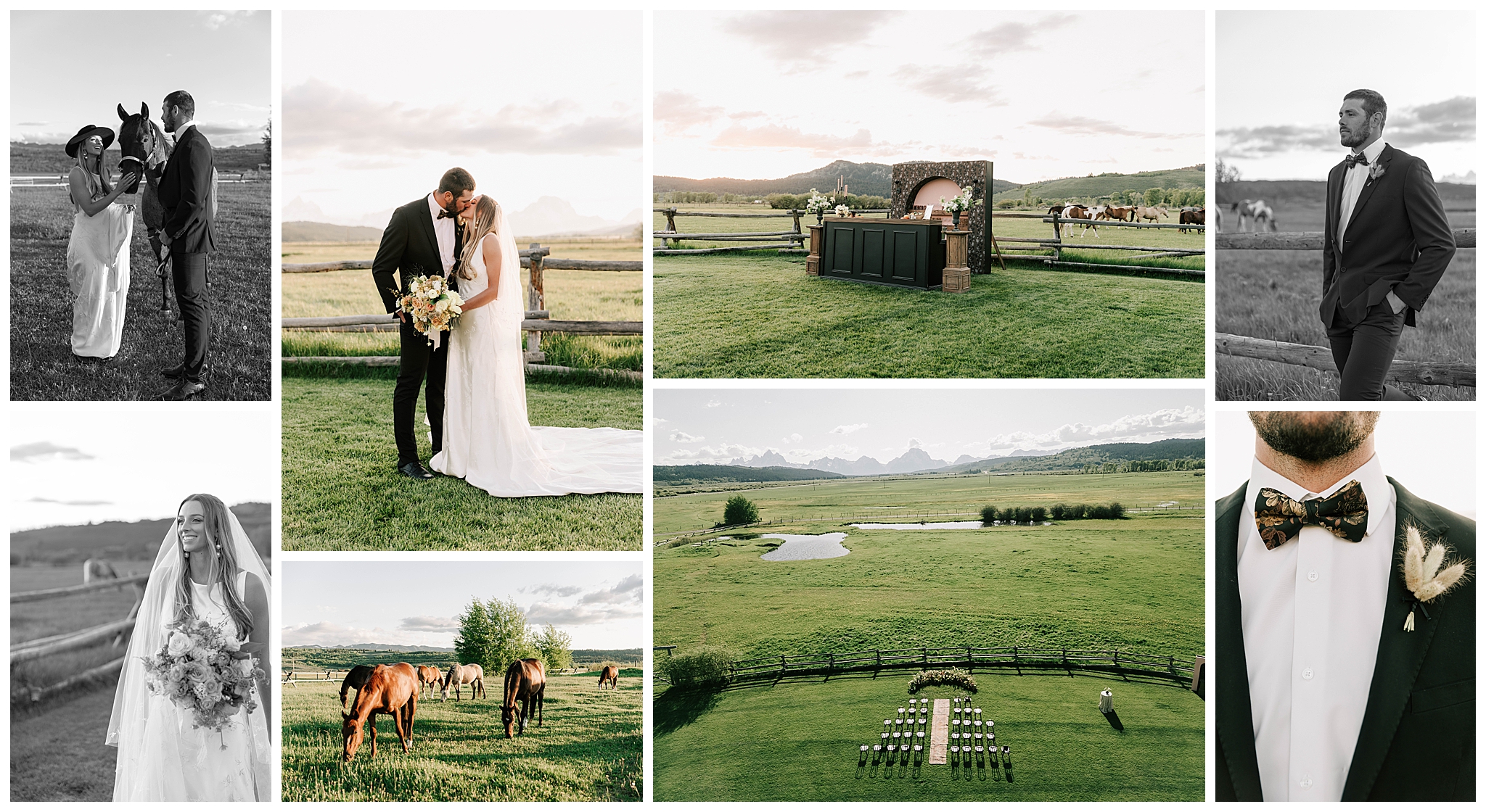 a collage of a bride and groom with a horse, a portrait of the groom, a drone photo of a diamond cross ranch wedding, and horses grazing.