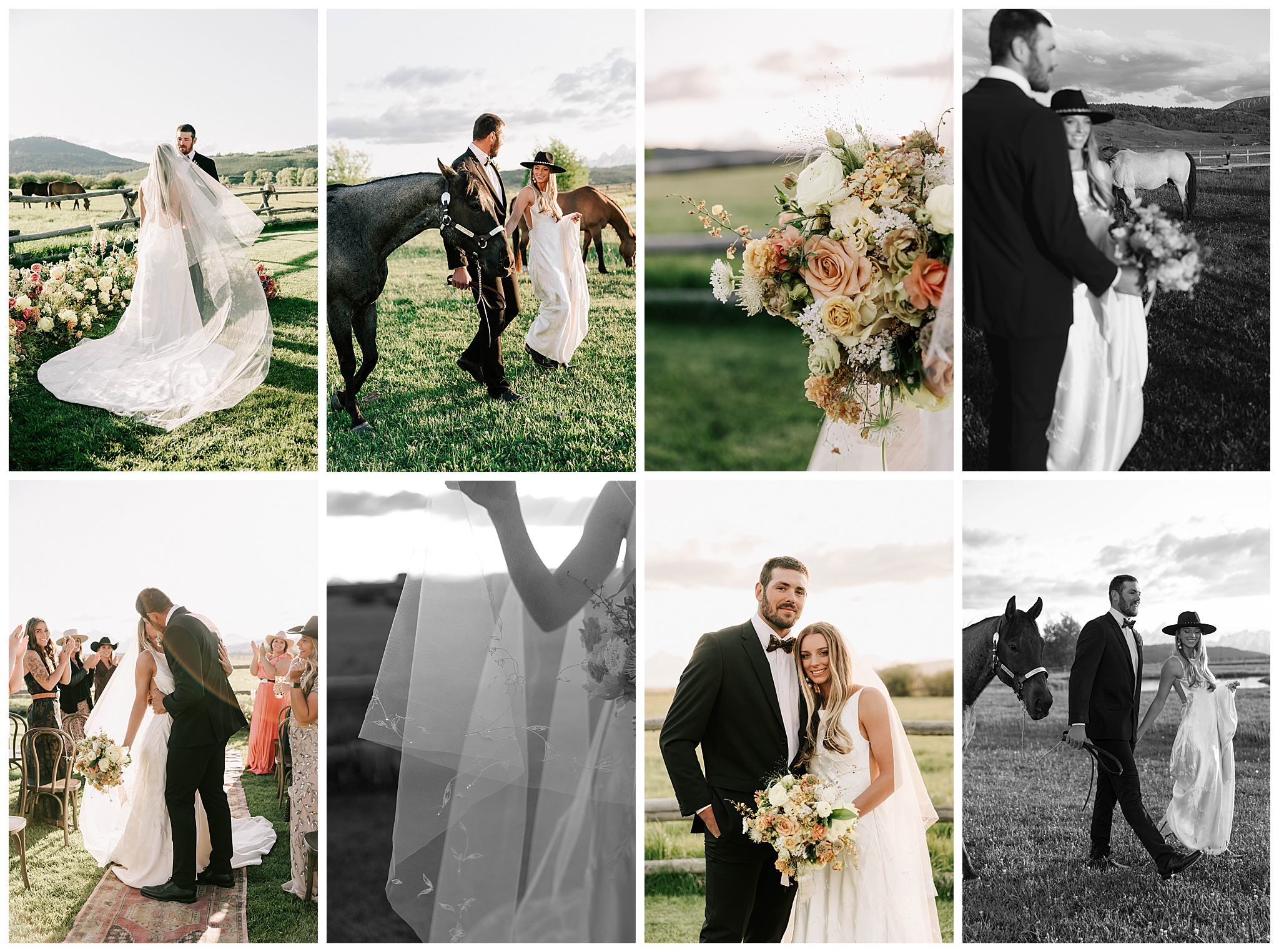 a collage of a bride and groom kissing after their ceremony at their diamond cross ranch wedding and the bridal bouquet and detail photos of the veil.