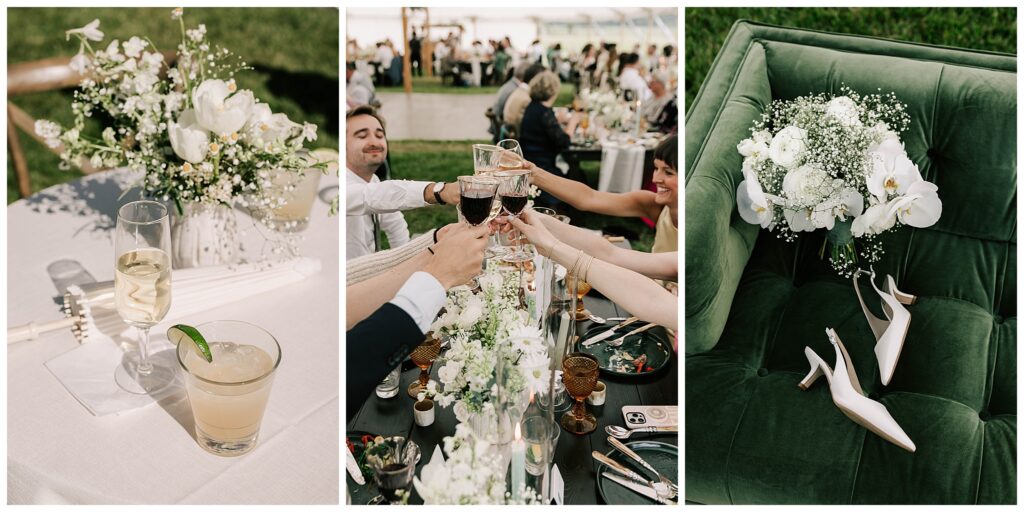 detail shots at a jackson hole golf and tennis club wedding, including drinks, toasts and the bridal shoes and bouquet.