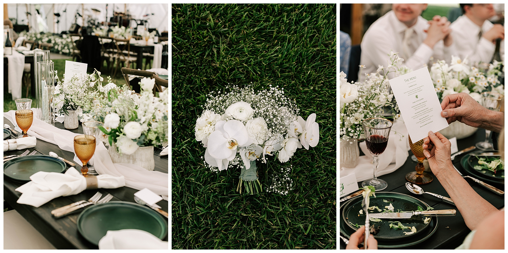 details of a wedding planned by wild rose jackson hole at snake river ranch, including the bridal bouquet and tablescape details, photographed by local wedding photographer adrian wayment.