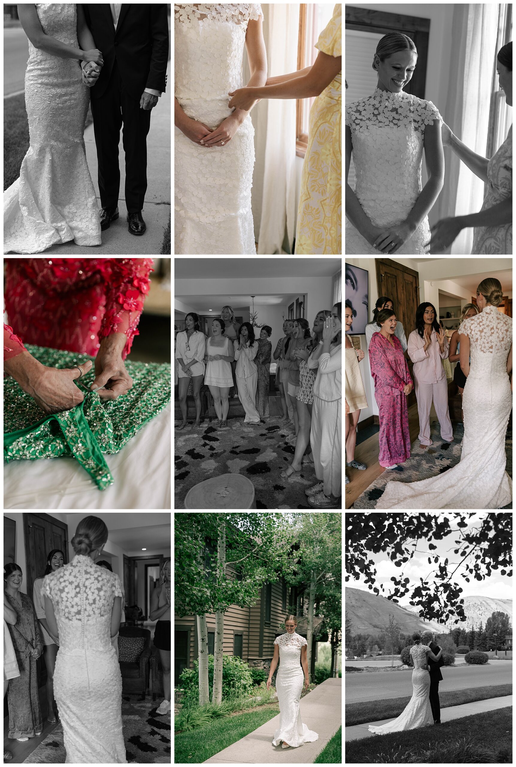bride getting ready prior to her jackson hole golf and tennis club wedding, including her doing a first look with her dad taken by photographer adrian wayment.