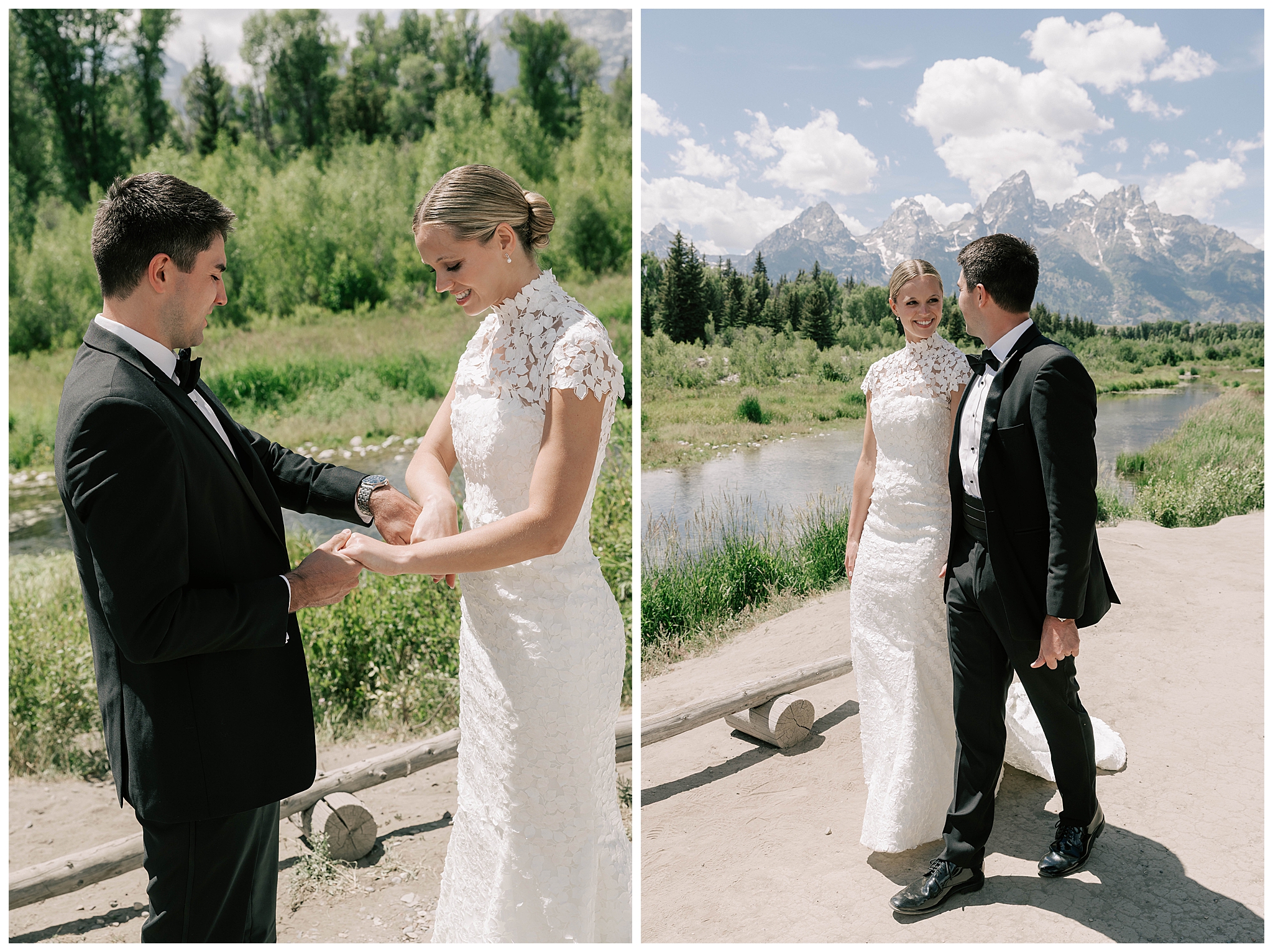 bride and groom at their first look at schwabacher landing prior to their jackson hole golf and tennis club wedding taken by local wedding photographer adrian wayment.