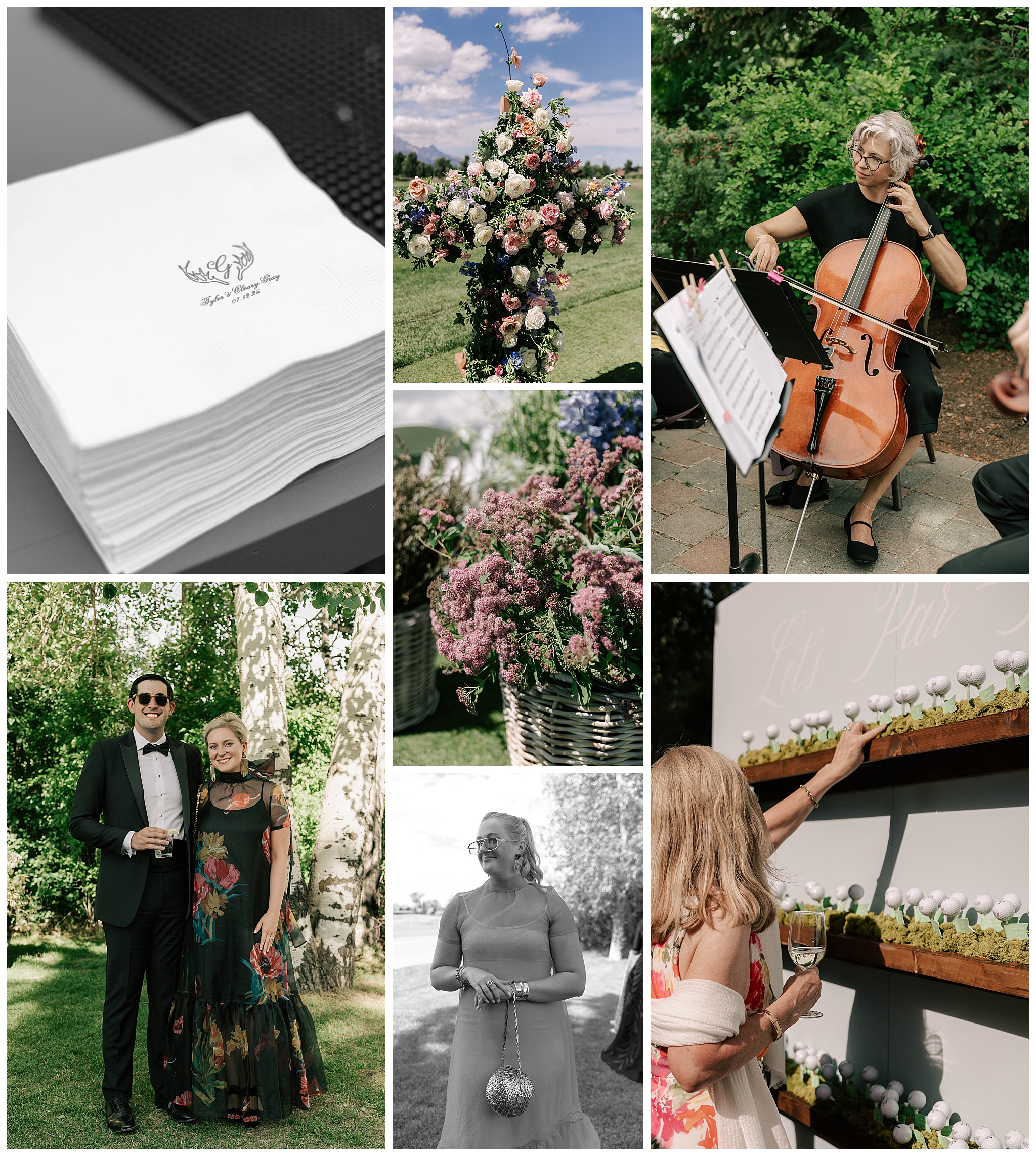 details of a jackson hole golf and tennis club wedding, including the ceremony musician, the florals on the cross, and guests.