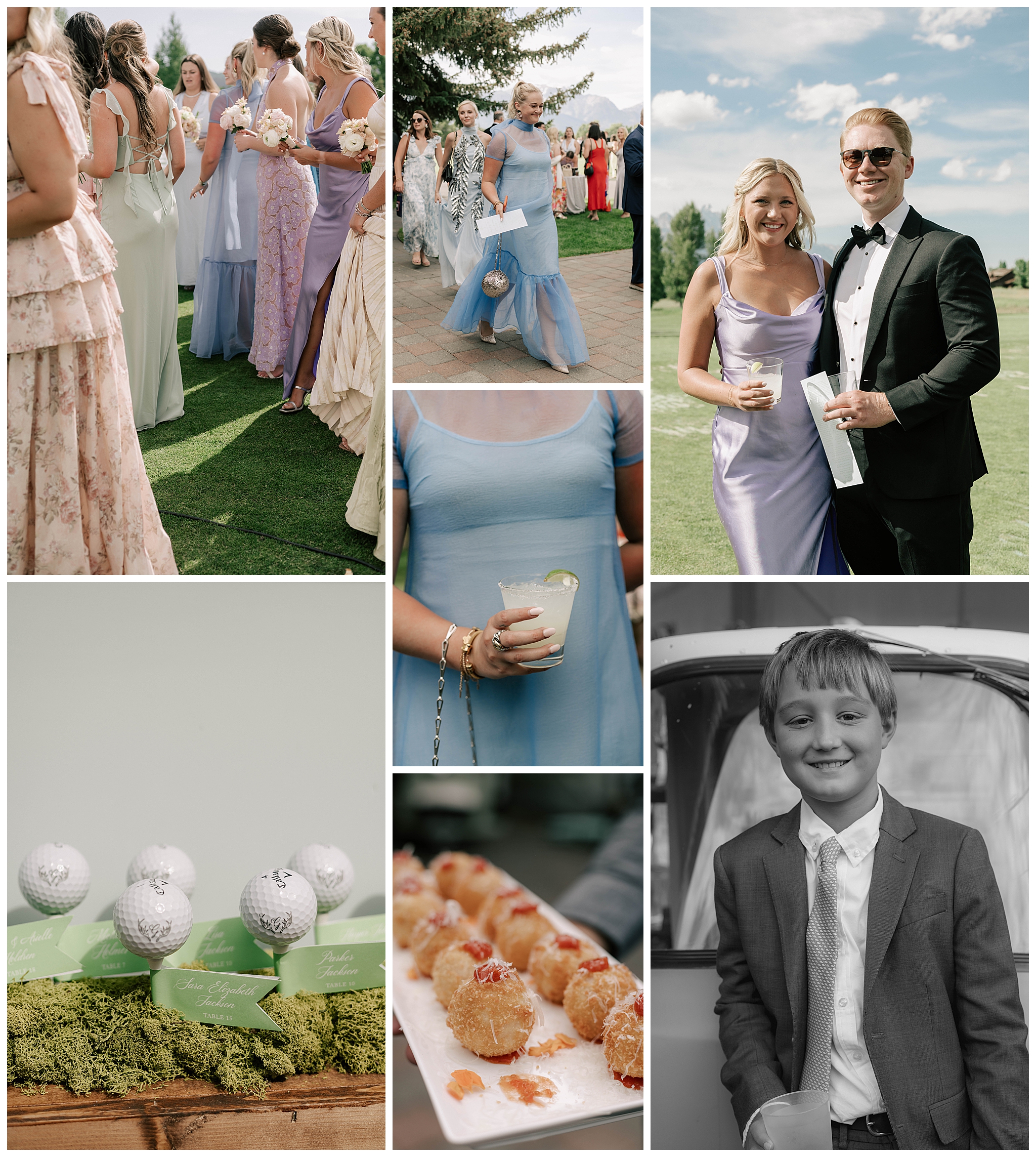 details at a jackson hole golf and tennis club wedding, including passed apps, the escort display and guest fashion taken by local jackson wedding photographer adrian wayment.
