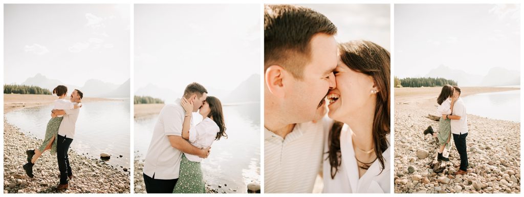engaged couple kissing near jenny lake lodge wedding venue taken by adrian wayment photo