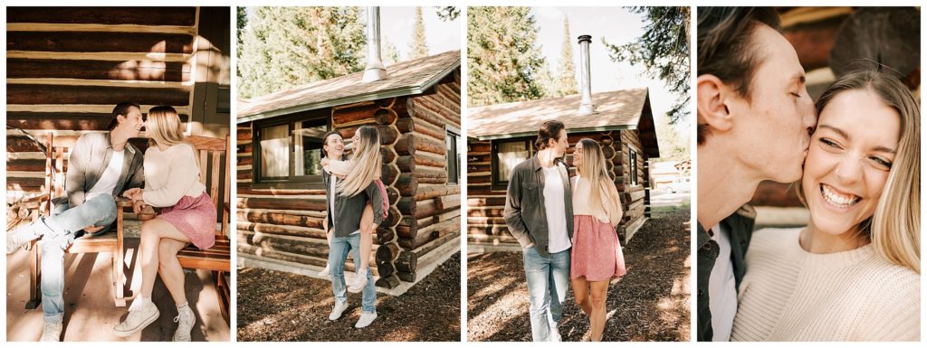 engaged couple taking photos at jenny lake lodge cabin taken by adrian wayment photo