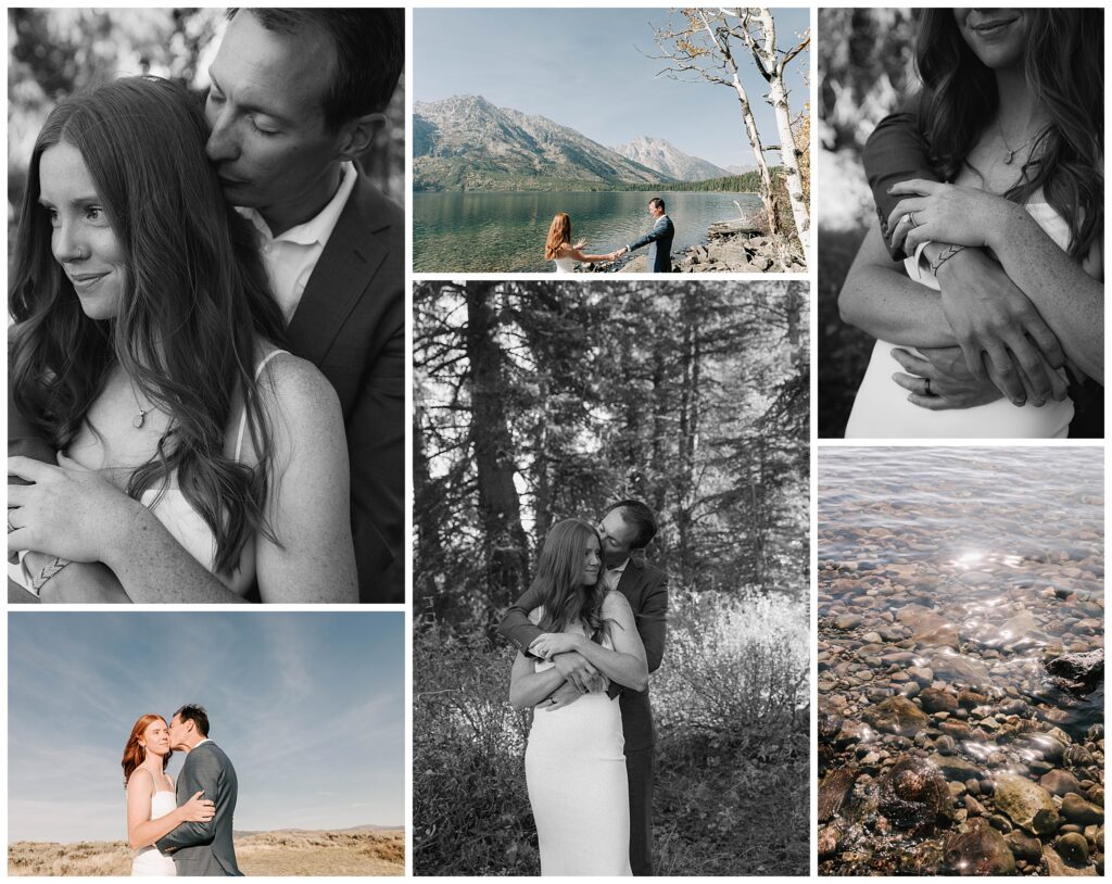 collage of bride and groom at various wyoming elopement locations captured by local jackson hole photographer adrian wayment.