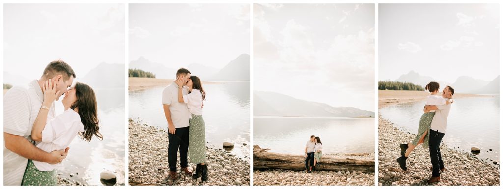 engaged couple exploring colter bay during their engagement session with jackson hole enagement photographer adrian wayment photo
