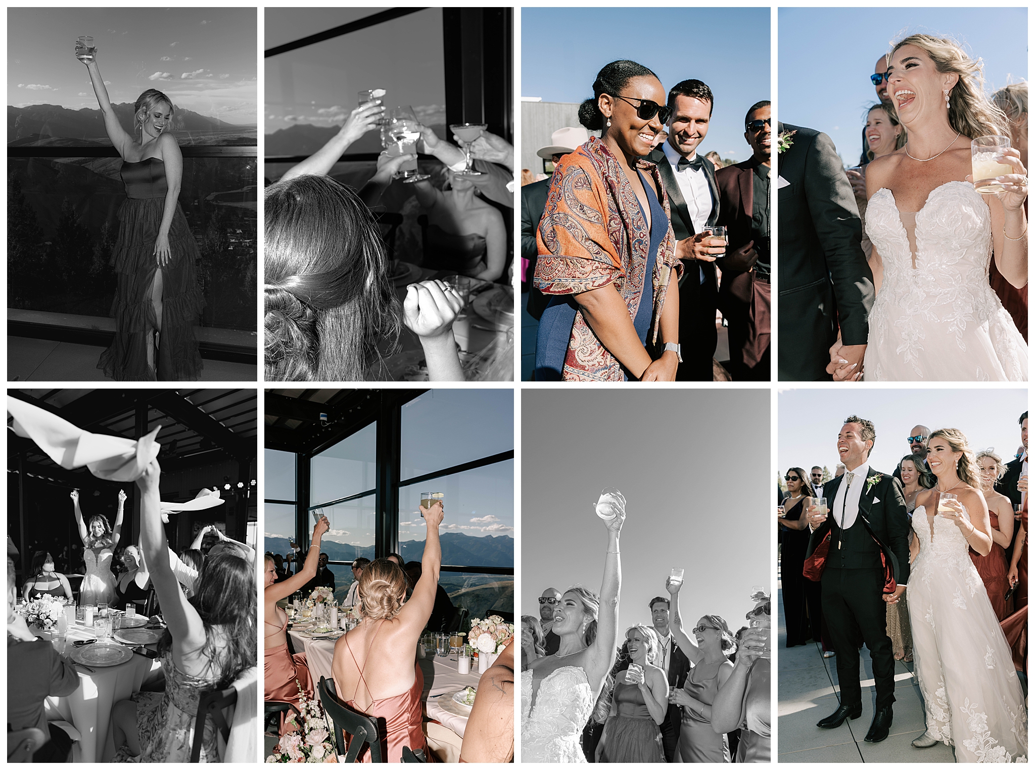 a collage of a bride and groom and guests at cocktail hour at their snow king resort wedding taken by photographer adrian wayment.