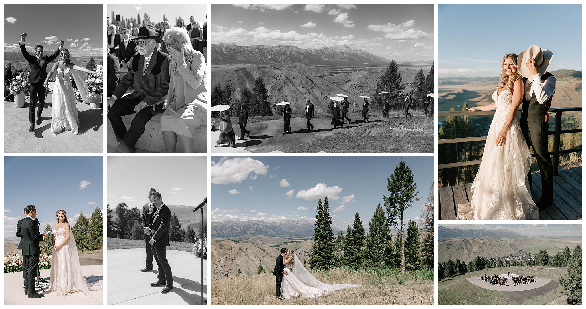 a collage of a ceremony scene at a snow king resort wedding, including guests and the couple taken by local jackson photographer adrian wayment.