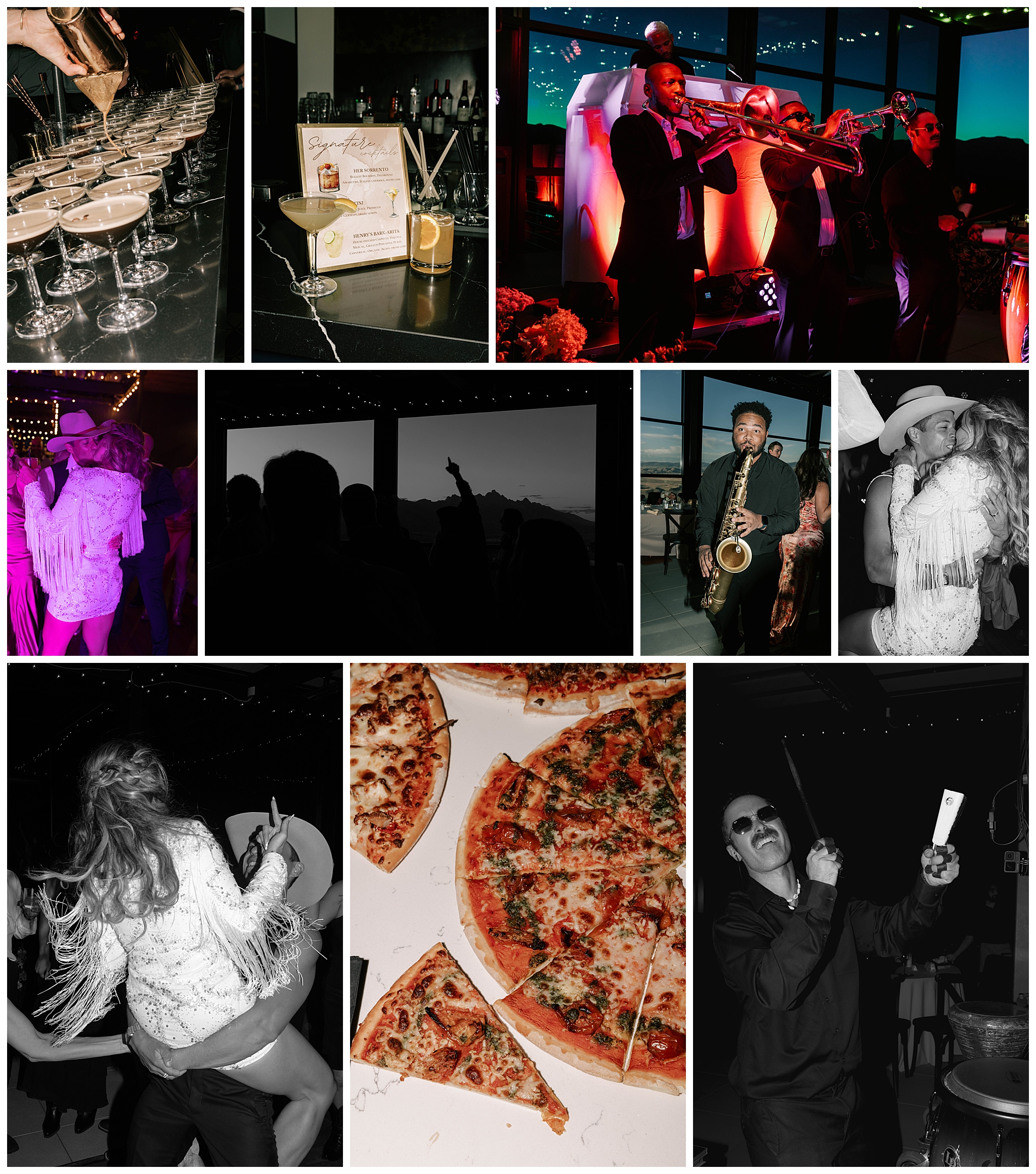 a collage of a bride and groom dancing, a live band playing, espresso martinis and specialty cocktails at a snow king resort wedding.