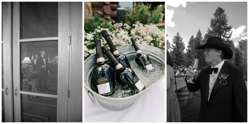 groom with his drink at a private residence during his jackson hole destination wedding taken by wedding photographer adrian wayment.