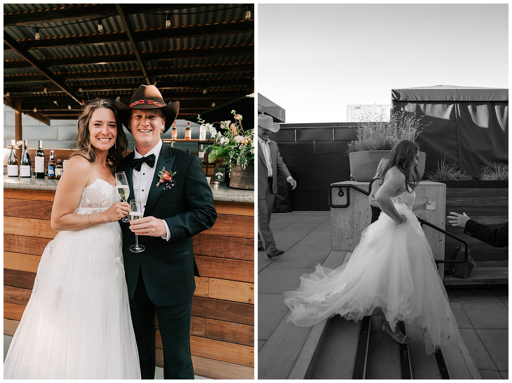 the bride and groom at the bar on the Cloudveil Jackson Hole rooftop after their Cloudveil Jackson Hole wedding taken by local Jackson wedding photographer Adrian Wayment.