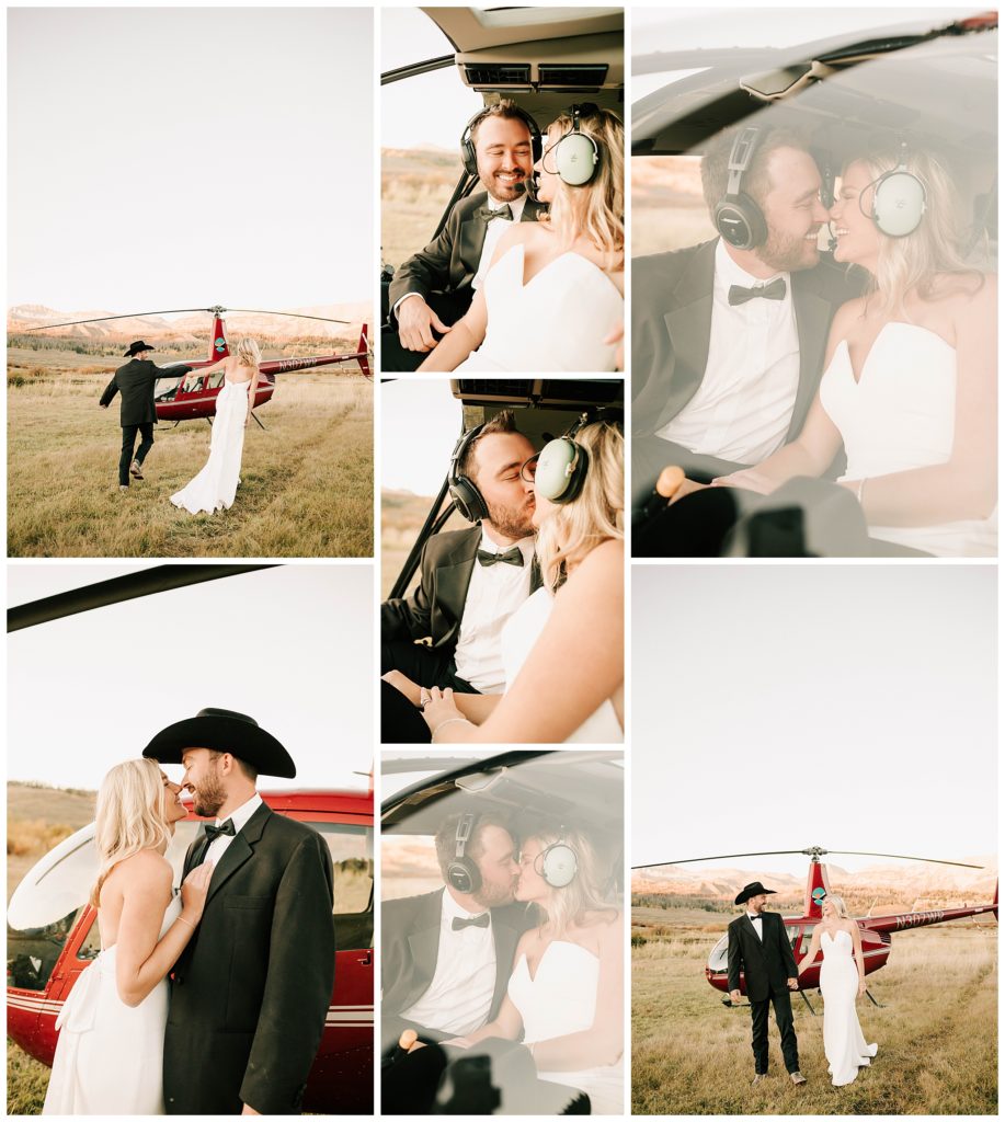 collage of bride and groom just before in and out of the helicopter just before their jackson hole helicopter tour.