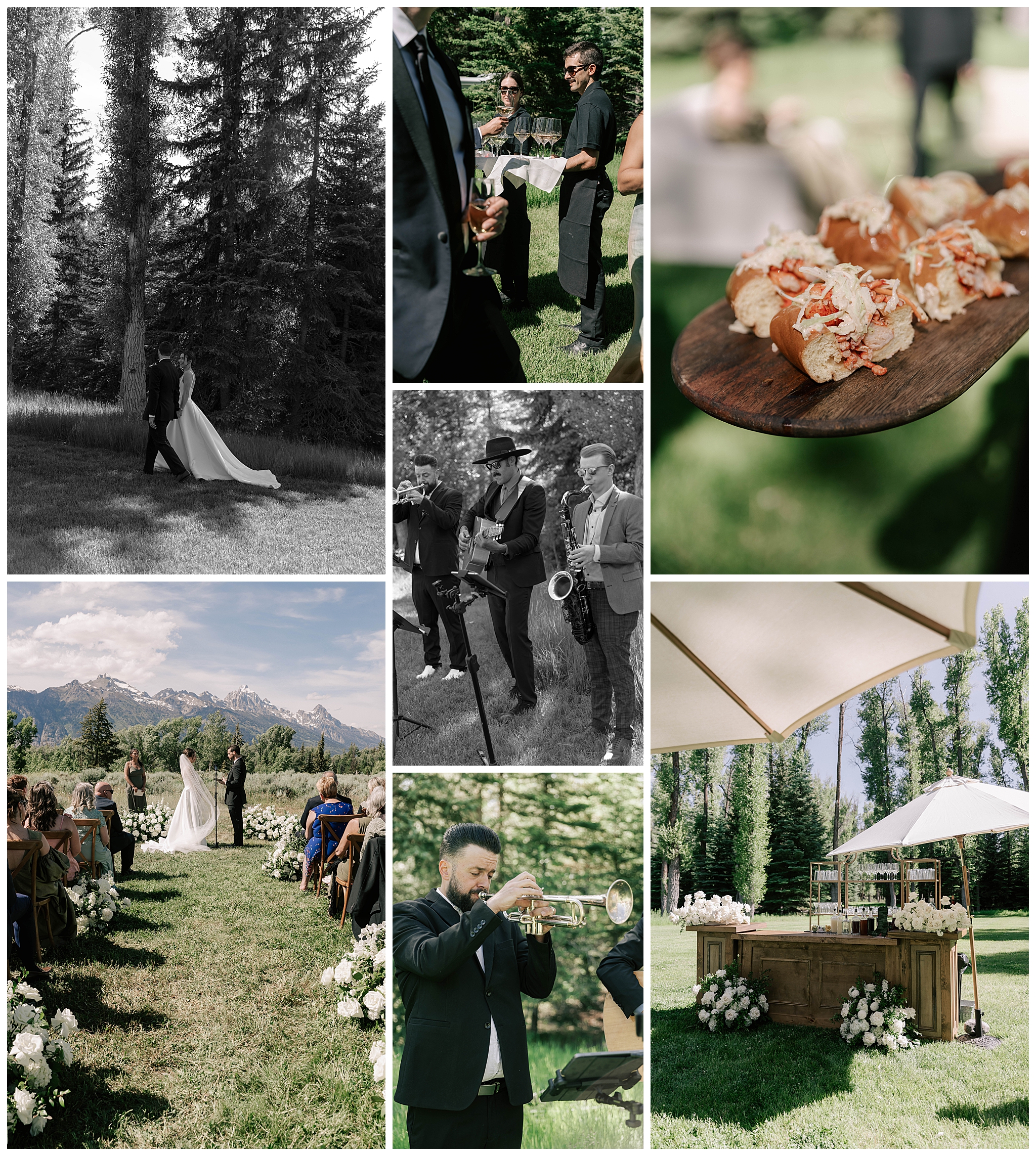 a caption of a bride and groom, lobster rolls, live music and a ceremony scene at a split creek ranch wyoming wedding, photographed by adrian wayment photo.