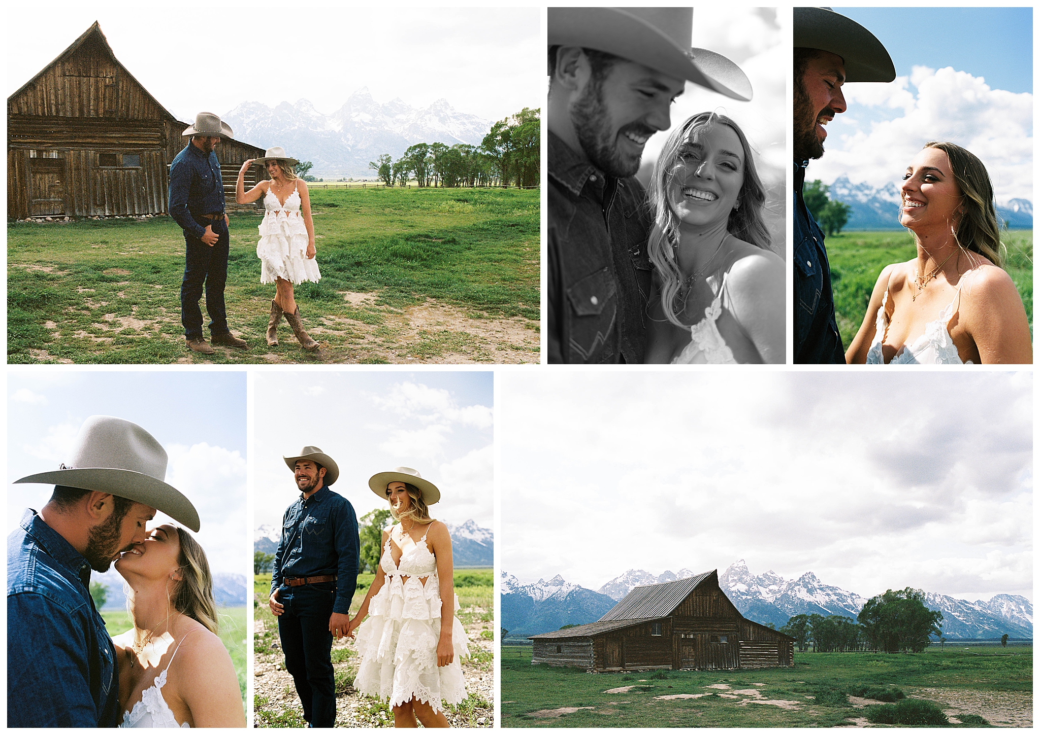a collage of western engagement photos including a couple posing in front of Moulton Barn in Grand Teton National Park taken by Jackson wedding photographer Adrian Wayment.