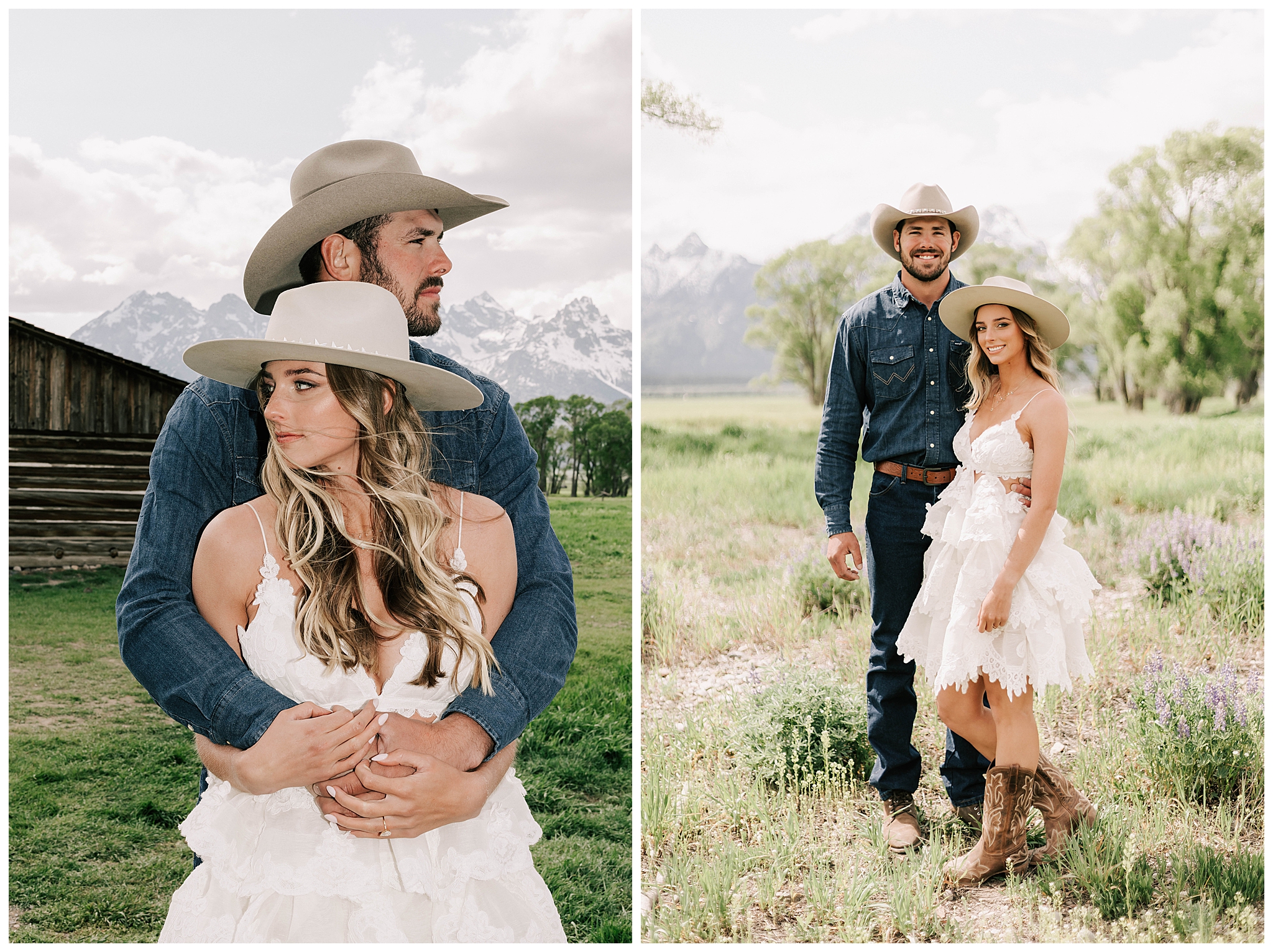 a couple posing near Moulton Barn in Grand Teton National Park for their western engagement photos taken by local Jackson photographer Adrian Wayment.