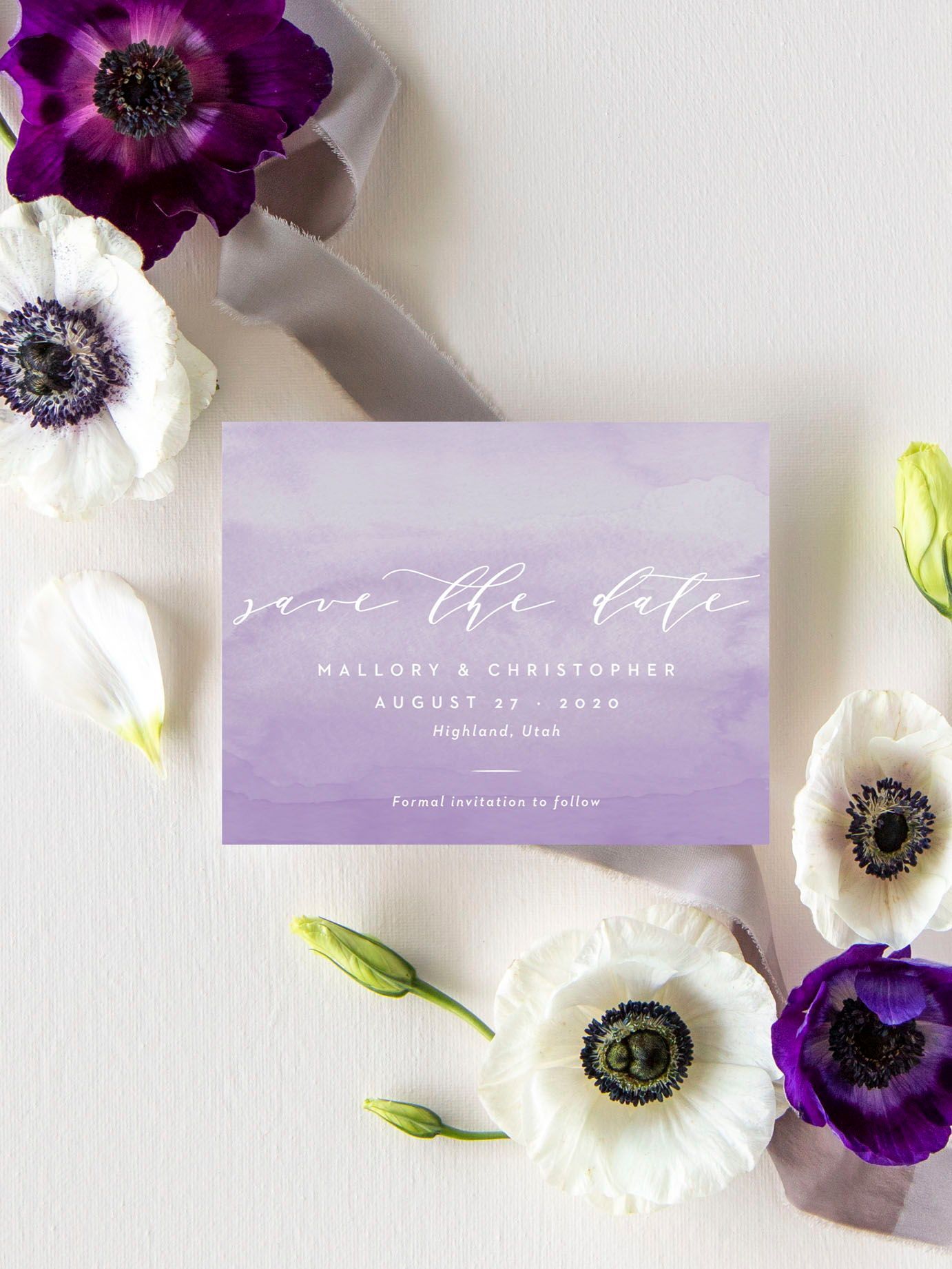 customizable lilac wedding invitations with florals made by basic invite