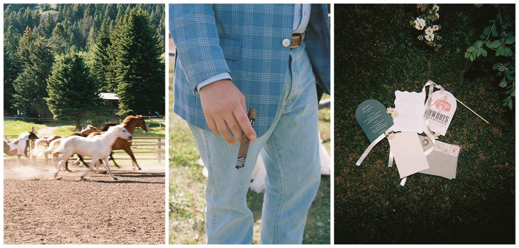 horses running, a guest holding a cigar, and stationary from a trail creek ranch wedding taken by adrian wayment.