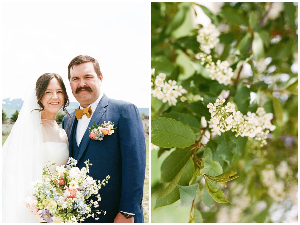 bride and groom standing next to each other for a portrait before their moose creek ranch wedding reception.