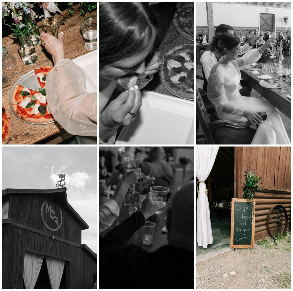 details from the moose creek ranch wedding venue, including pizza and toasts with loved ones taken by adrian wayment.