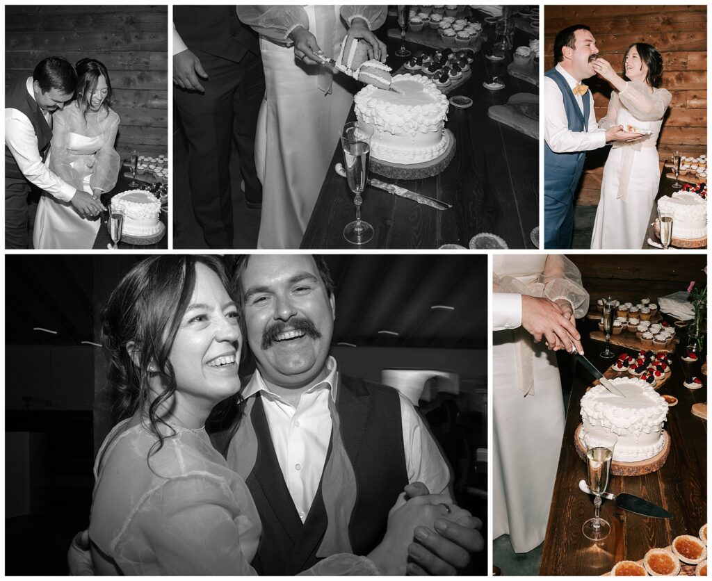 bride and groom cutting their wedding cake during their moose creek ranch wedding taken by local wedding photographer adrian wayment.