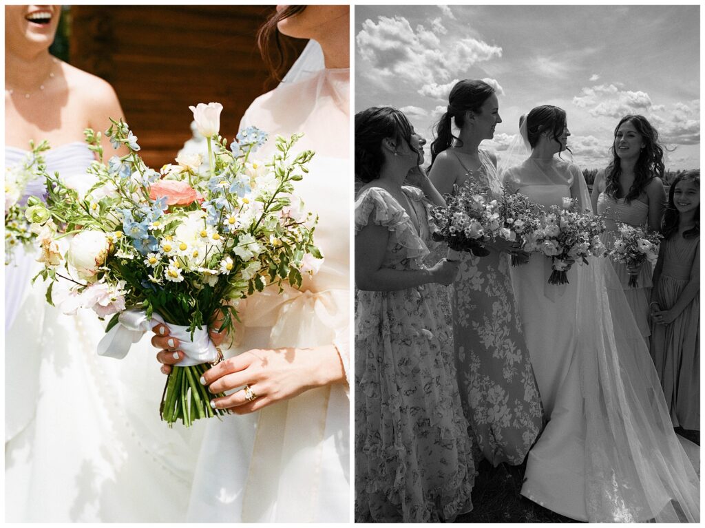 bride with her bridesmaids and an up close shot of the bridal bouquet, taken after the ceremony and prior to the wedding reception at moose creek ranch.