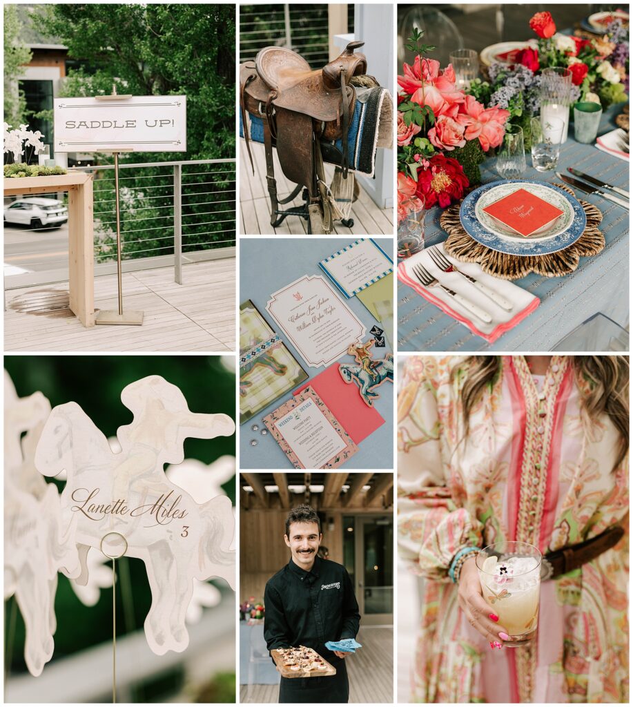several details from a western themed welcome party at the jackson hole history museum, including the tablescape, escort cards, and food and beverage.