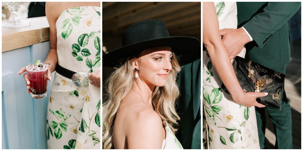 a collage of bridal details, including the bride holding her drink, a bride with earrings and a hat, and her bag at her western welcome party in jackson hole.