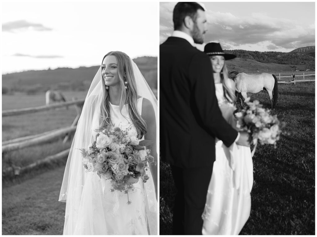 a bride and groom after their ceremony at diamond cross ranch taken across from teton cabins by photographer adrian wayment.