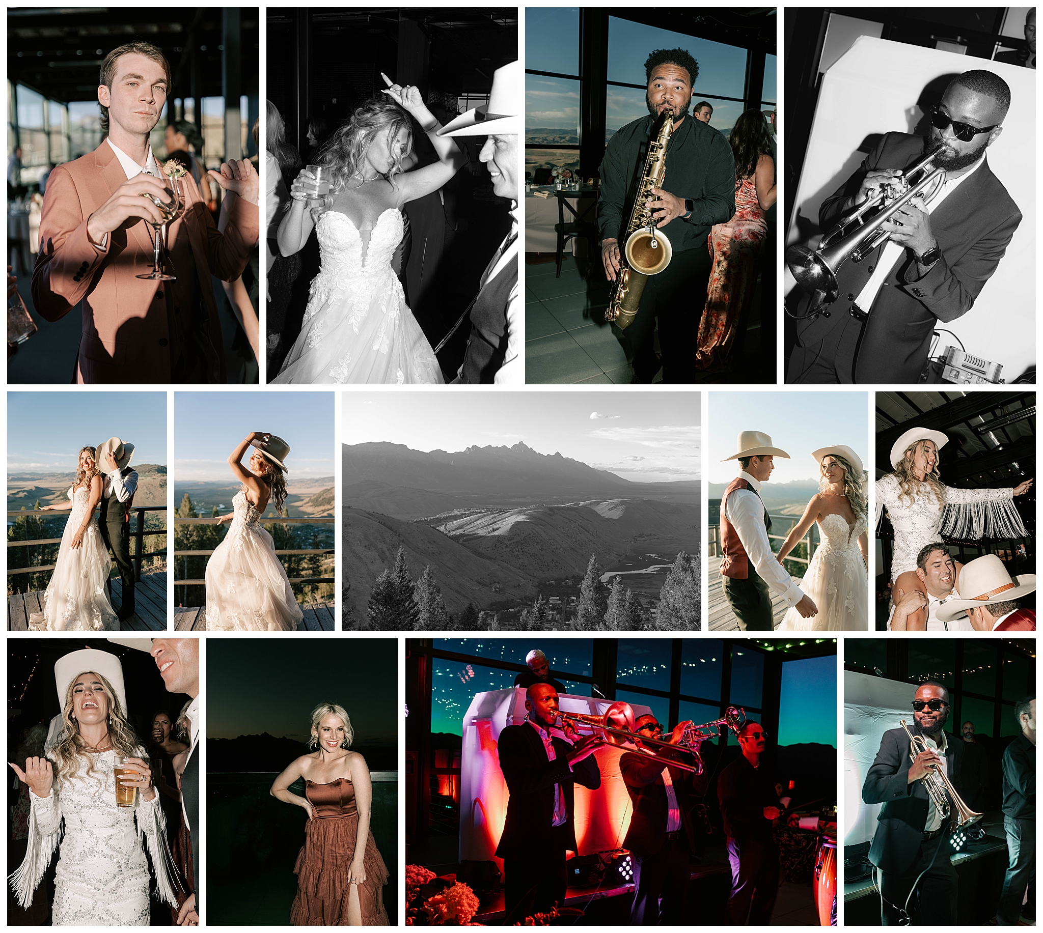 reception and sunset photos of the bride and groom, guests, musicians and the landscape of the new aurora at snow king wedding venue taken by adrian wayment.
