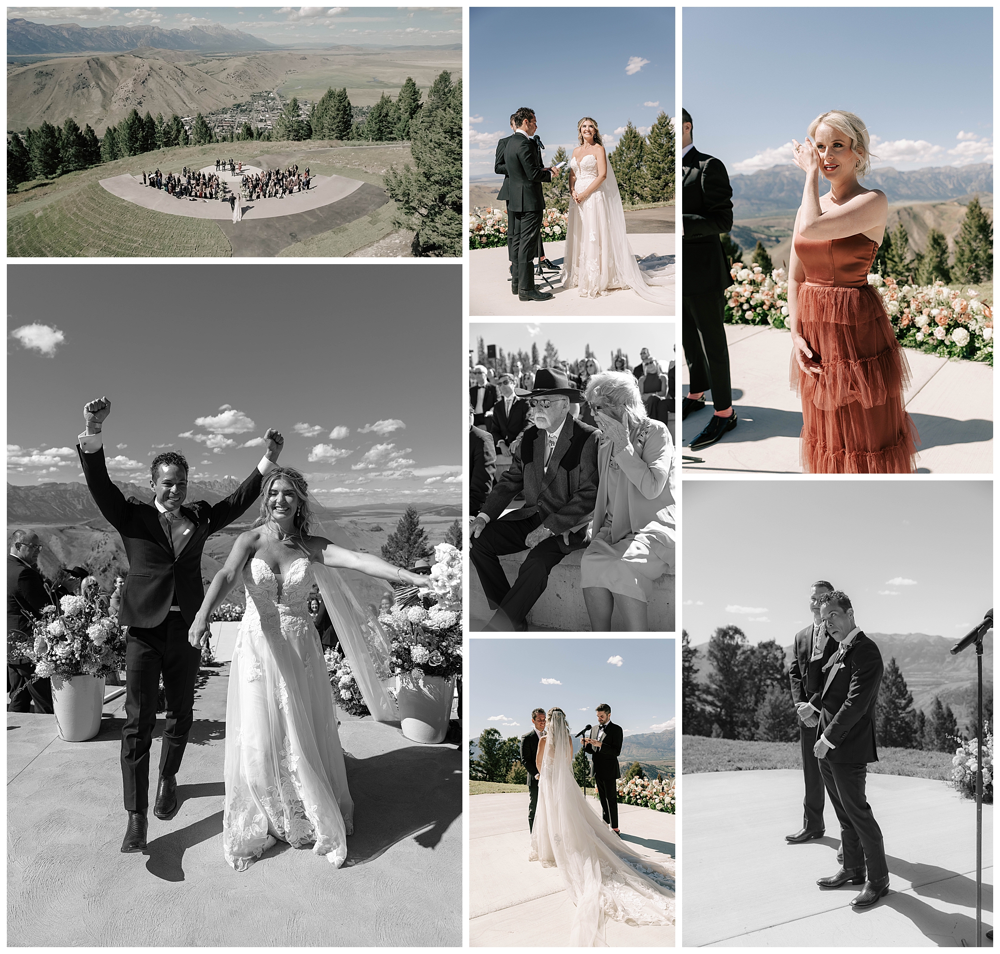 drone, groom reaction to his bride coming down the aisle, grandparent reactions and the couple after the ceremony at aurora at snow king.