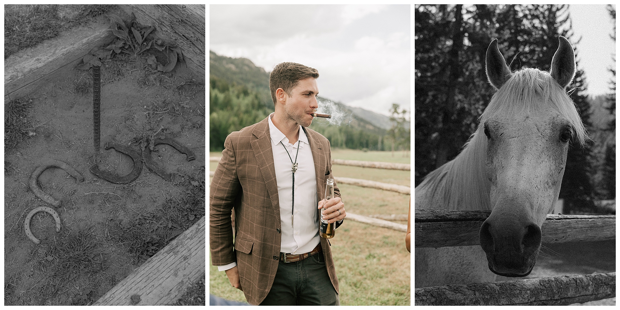 a game of horseshoes, a guest smoking a cigar and a horse at a lost creek ranch wedding taken by local jacskon wedding photographer adrian wayment.