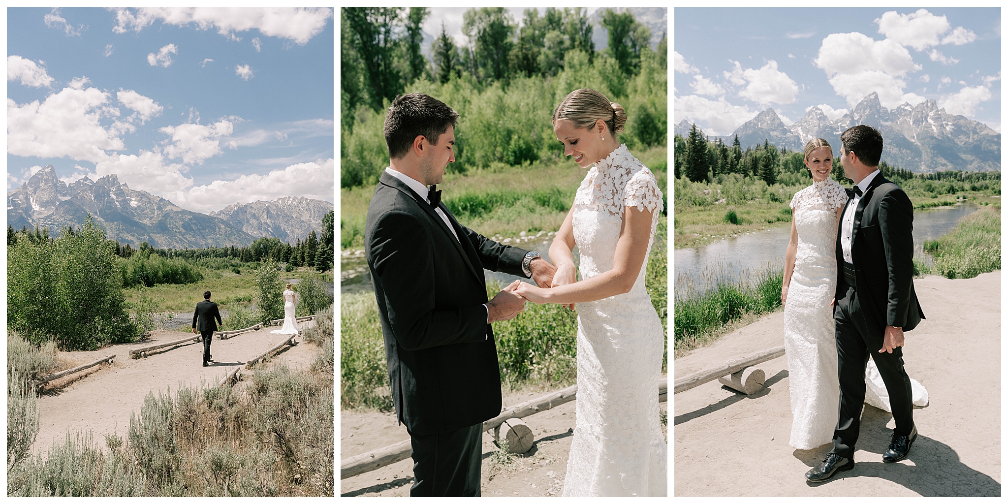 a bride and groom's first look before their moose head ranch wedding taken by local jackson wedding photographer adrian wayment.
