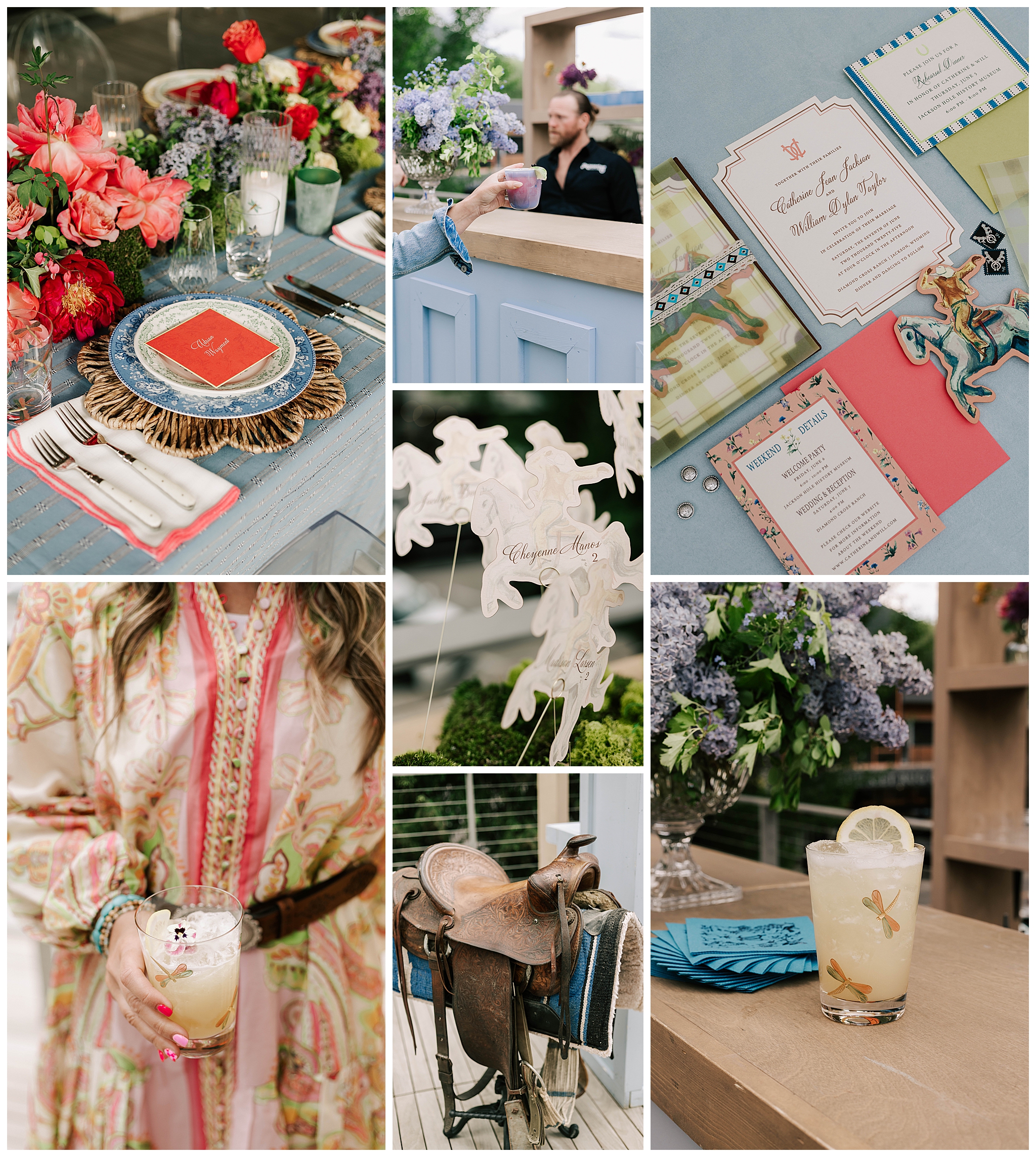 details of a beautiful moose head ranch wedding, including a saddle, paper details and drinks taken by local jackson wedding photographer adrian wayment.