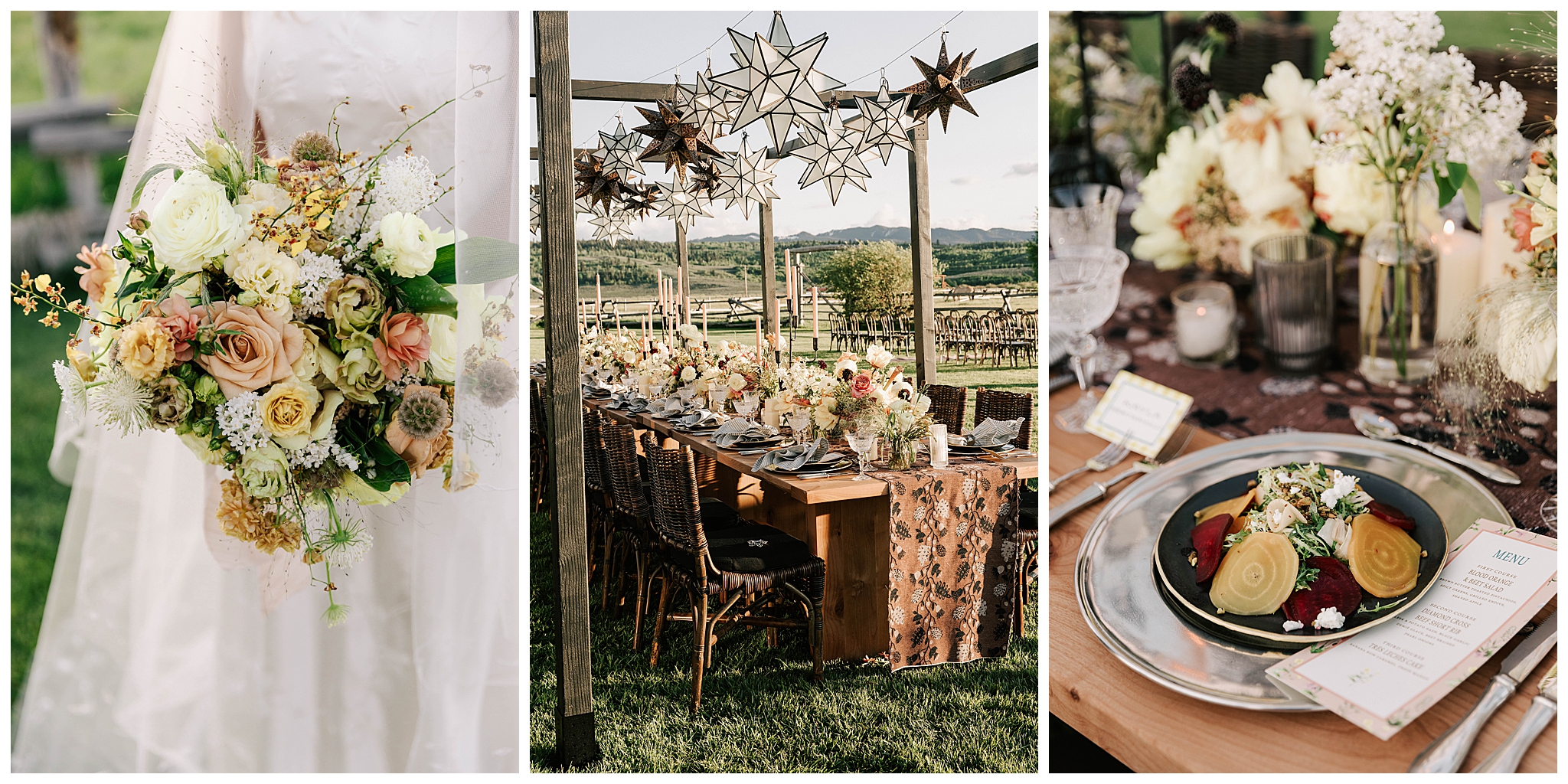 a collage of a bridal bouquet, the head table and a plate of food at a turpin meadow ranch wedding taken by local jackson wedding photographer adrian wayment.