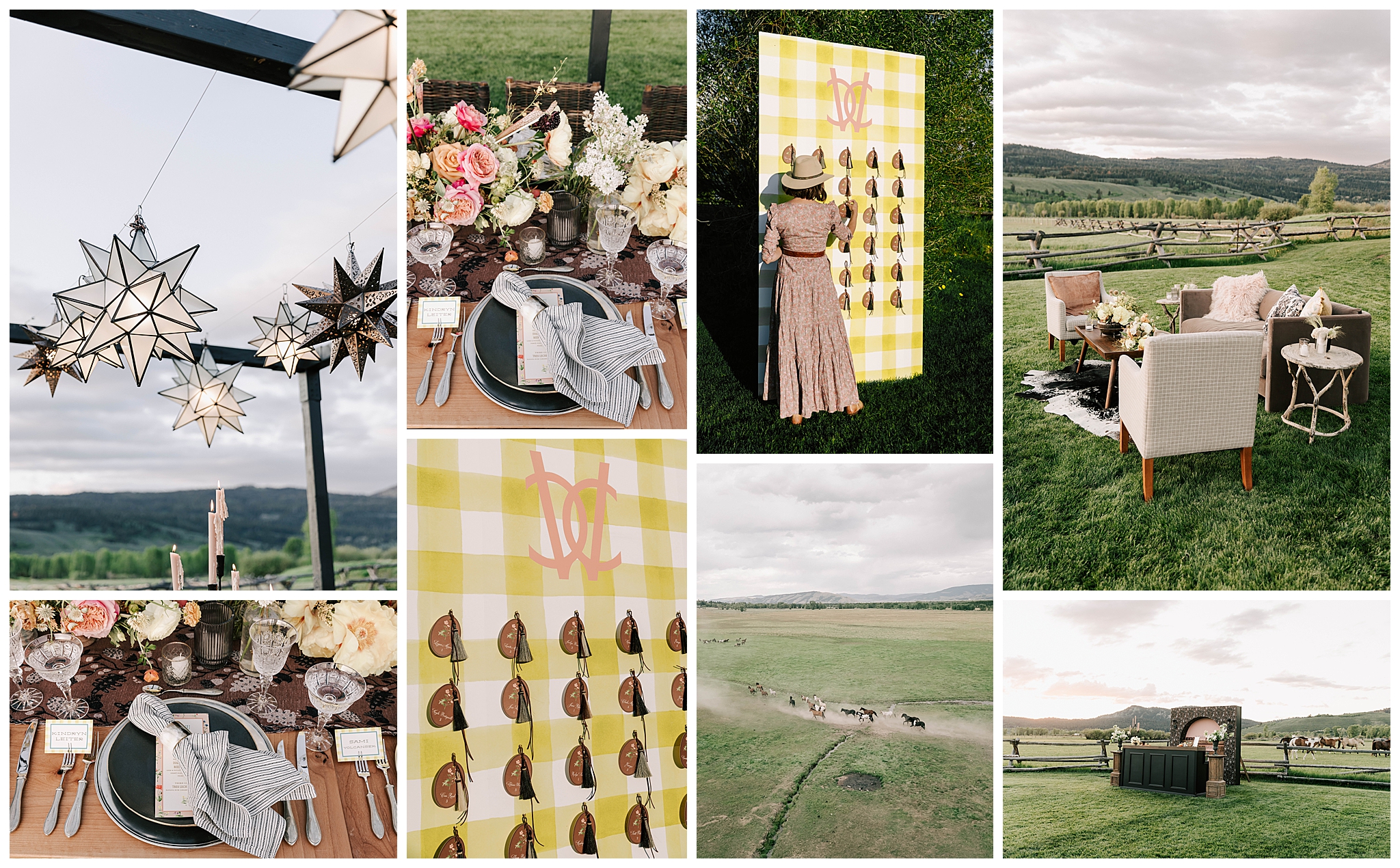 a collage of a tablescape, a guest finding their escort card, a horse release, and a bar at a turpin meadow ranch wedding taken by local photographer adrian wayment.